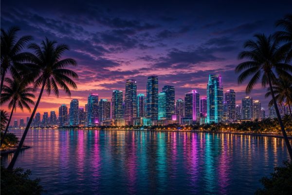 Miami skyline at dusk — book strippers in Miami, Florida