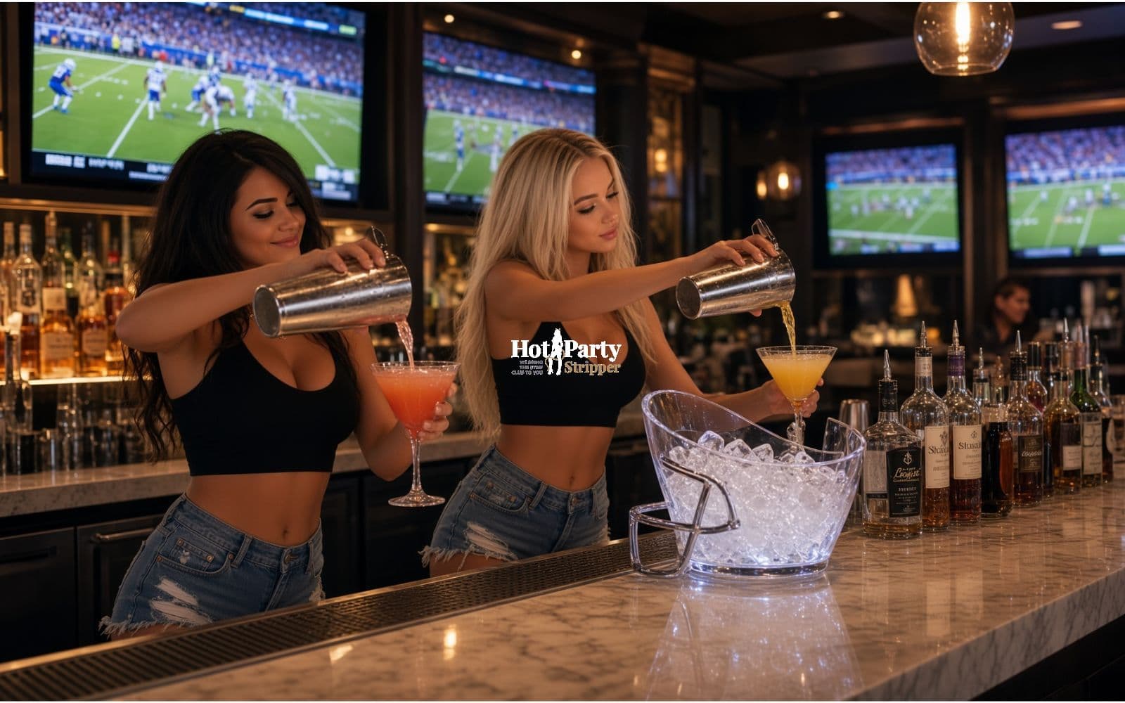 Two bartenders mixing drinks at a home bar during a football game