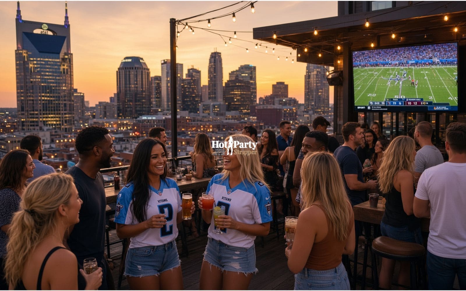 Rooftop party at dusk overlooking downtown Nashville with friends watching football