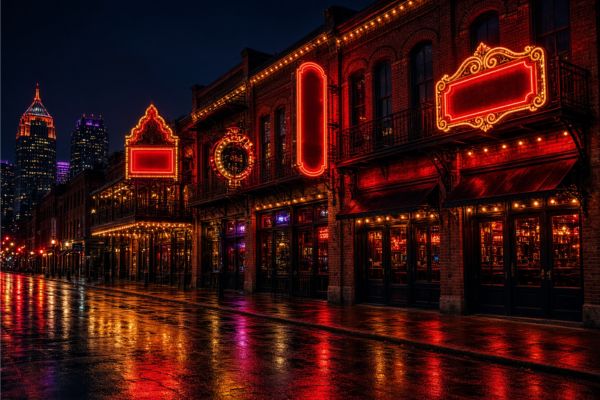 Downtown Nashville neon at night — book strippers in Nashville