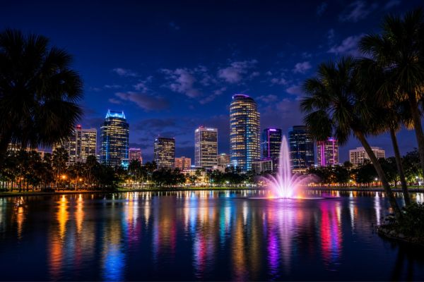 Orlando skyline over Lake Eola — book strippers in Orlando, Florida