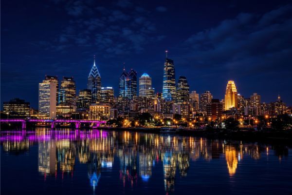 Philadelphia skyline at night — book strippers in Pennsylvania