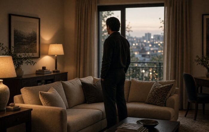 Man in a black shirt standing in a warm Austin hotel living room near a sofa, city night outside the window