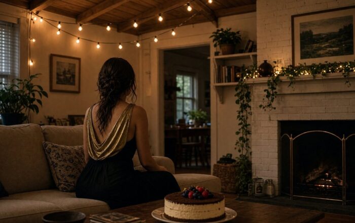 Birthday Party Entertainment in Austin | Hot Party Stripper Woman in a gold-black dress sitting on a sofa in an Austin bungalow with string lights, a fireplace, and a cake with berries
