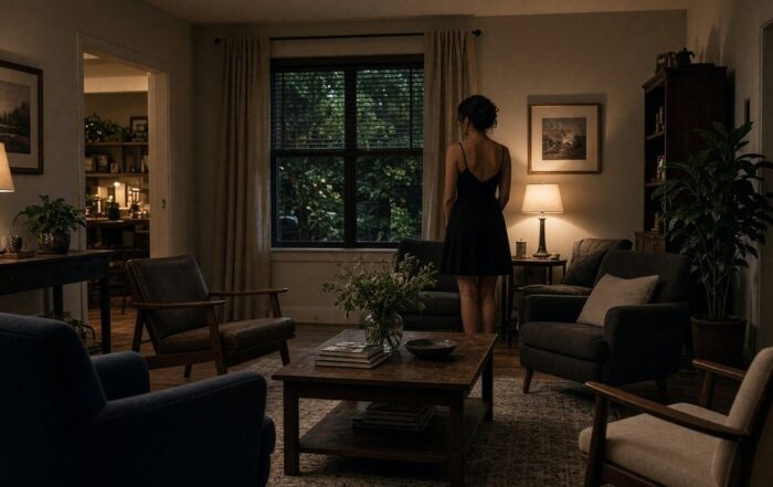 Coed Party Entertainers in Austin | Hot Party Stripper Woman in a dark cocktail dress standing in an Austin house living room with extra chairs and lamps on