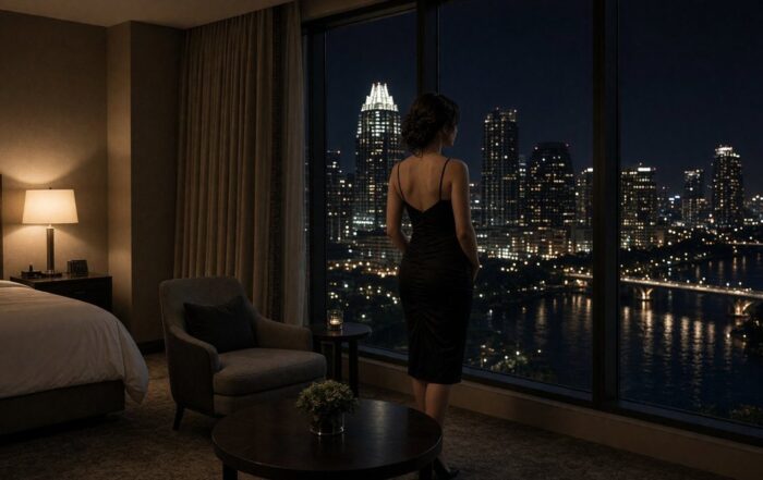 Woman in a black dress standing at a downtown Austin hotel window overlooking the river and skyline at night