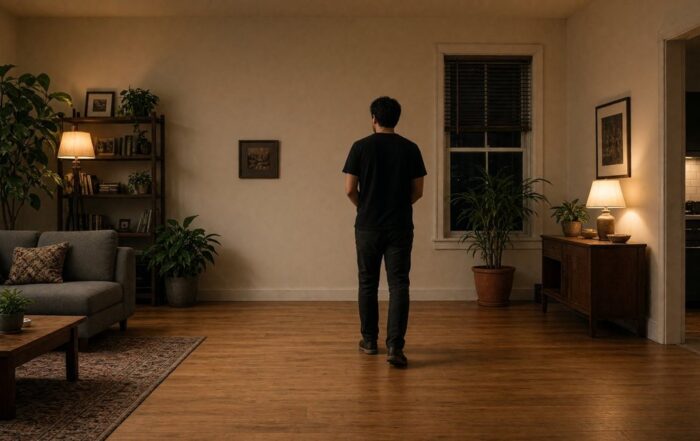 Man in a dark shirt standing in a cleared East Austin rental living room with wood floors, plants, and warm lamps