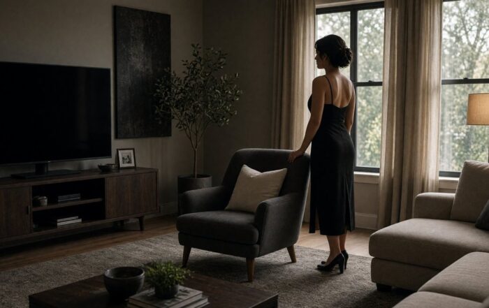 Woman in a black dress standing in an Austin living room beside a chair with the television off
