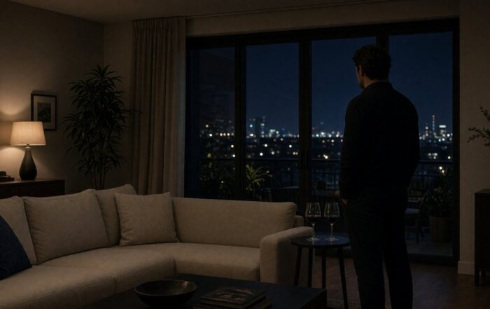Man in a black shirt and slacks standing in an Austin living room at night near a sofa