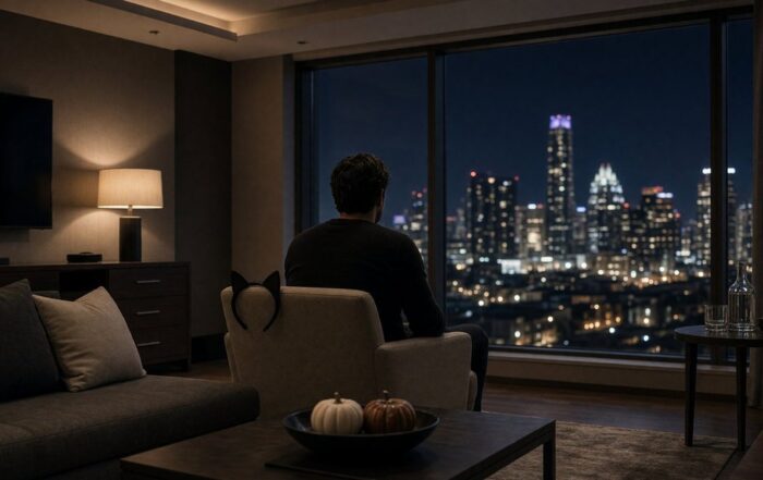 Halloween Bachelorette Party in Austin | Hot Party Stripper Man in a black shirt sitting in an Austin hotel suite facing the skyline with cat ears on the chair and pumpkins on the table