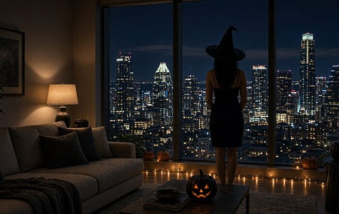 Woman in a black dress and witch hat facing the Austin skyline in a high-rise living room with pumpkins and string lights