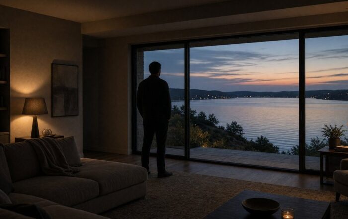 Man in a dark shirt standing in a Lake Travis house living room at dusk with the lake visible through the glass