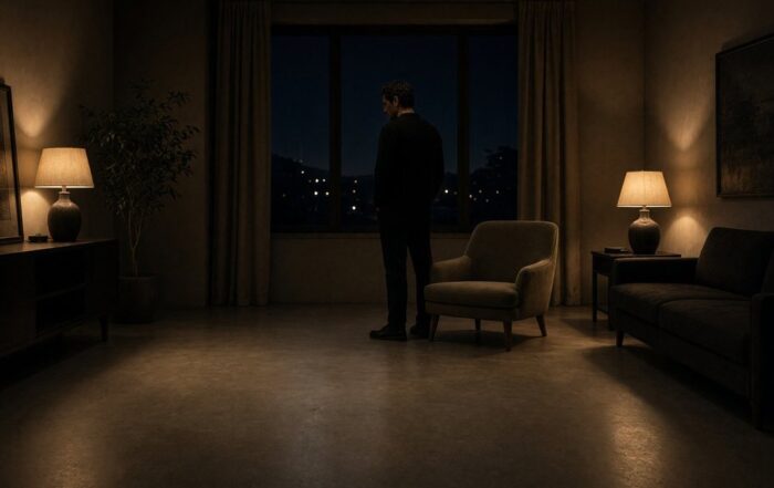 Man in a black shirt standing in a cleared Austin living room at night next to a single chair and warm lamps