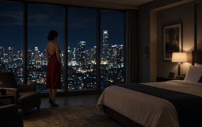 Bachelor Hotel Show Near Rainey Street | Hot Party Stripper Woman in a cocktail dress standing at an Austin hotel window with downtown lights behind her at night
