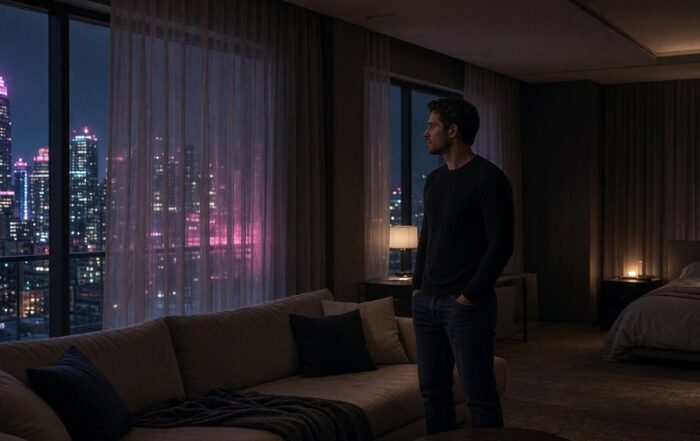 Man in a black shirt standing in a downtown Austin hotel living room with neon city glow through the curtains