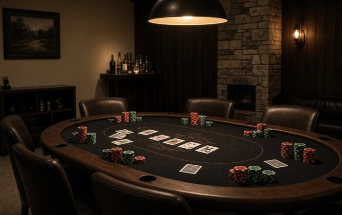 Brentwood basement poker table with cards and chips under a warm lamp