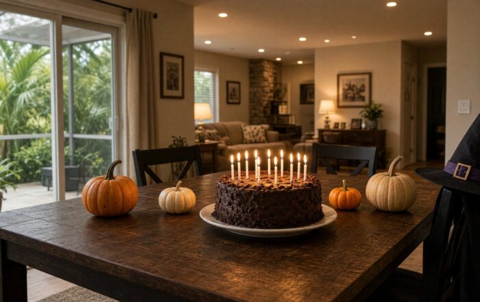 Celebration dining table set for a Halloween birthday cake | Hot Party Stripper Birthday cake with candles on a dining table beside a witch hat