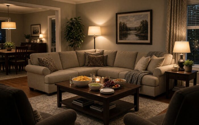 Suburban Clarksville living room set for a small adult party with snacks on the table
