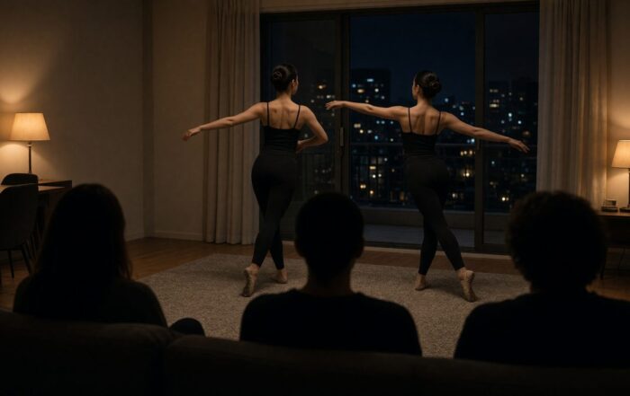 dancers performing in a small condo living room