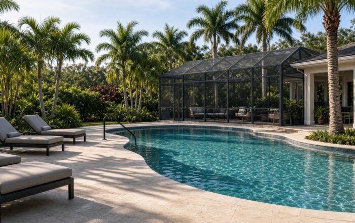Afternoon sun on a screened pool at a large Florida vacation rental