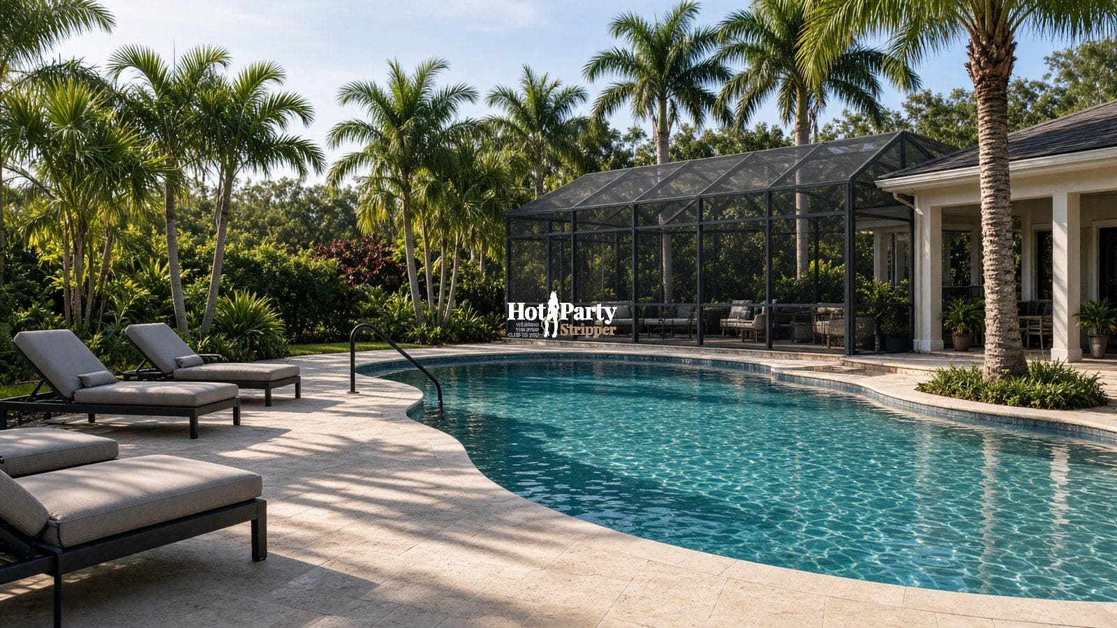 Afternoon sun on a screened pool at a large Florida vacation rental