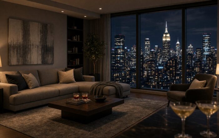 Downtown Orlando condo living room at night | Hot Party Stripper Downtown condo living room at night with city lights through the windows