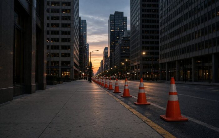 Quiet Midtown sidewalk at dusk
