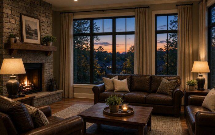 Upscale Franklin living room at dusk with leather couches and tall windows