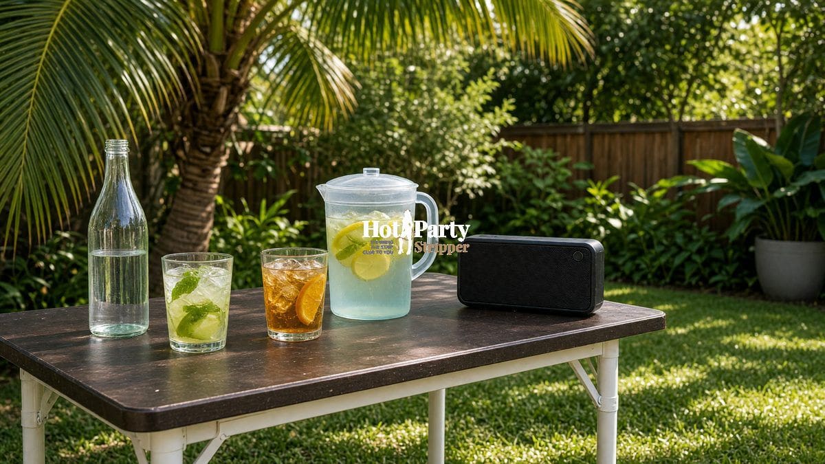 backyard table with drinks and a speaker