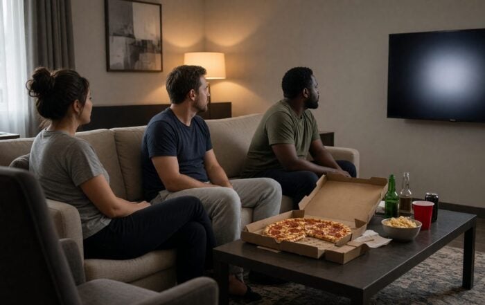 Hotel suite watch party | Hot Party Stripper friends watching a blank television with pizza in a hotel suite