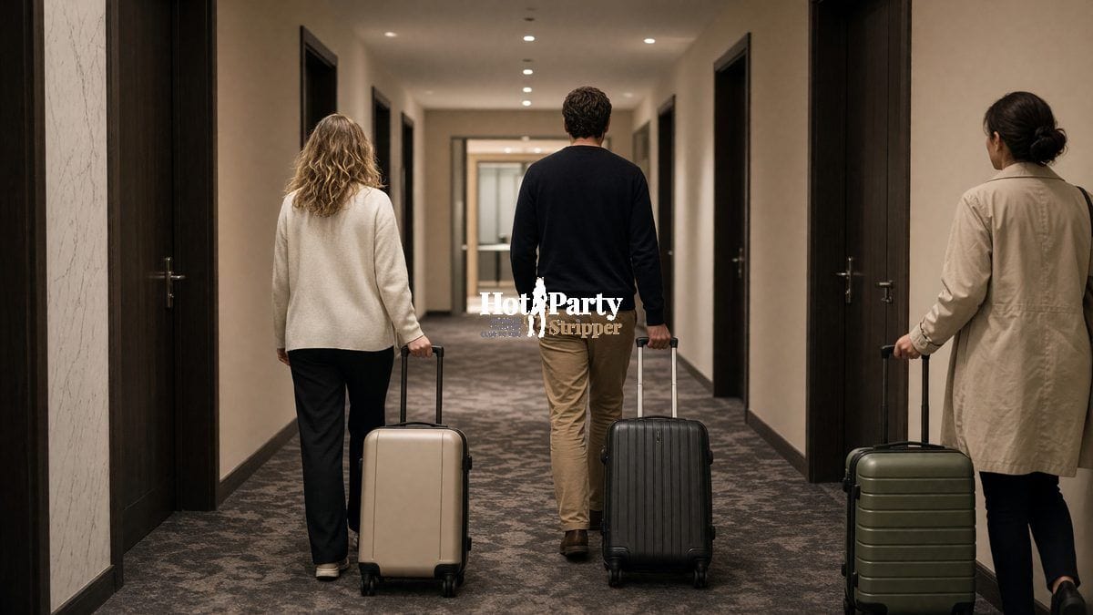 three guests pulling suitcases down a hotel hallway