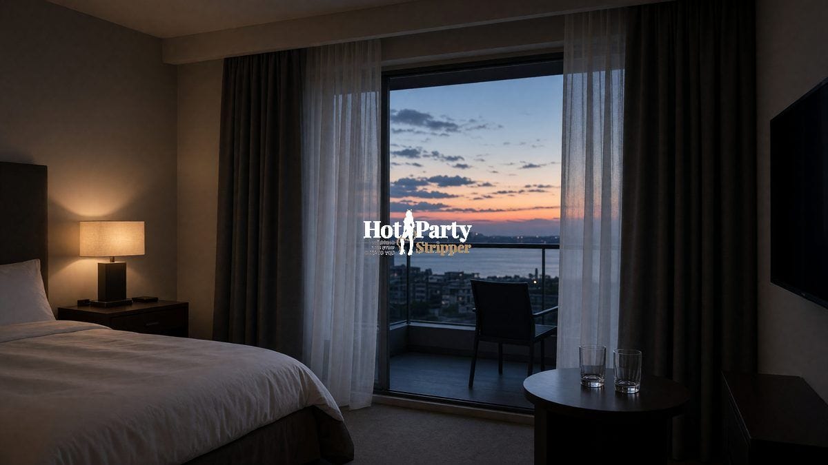 hotel room at dusk with two empty glasses