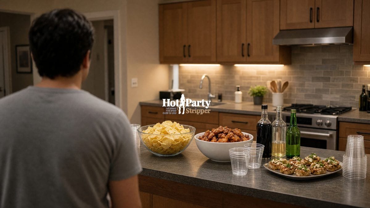 man facing a kitchen island of chips and wings