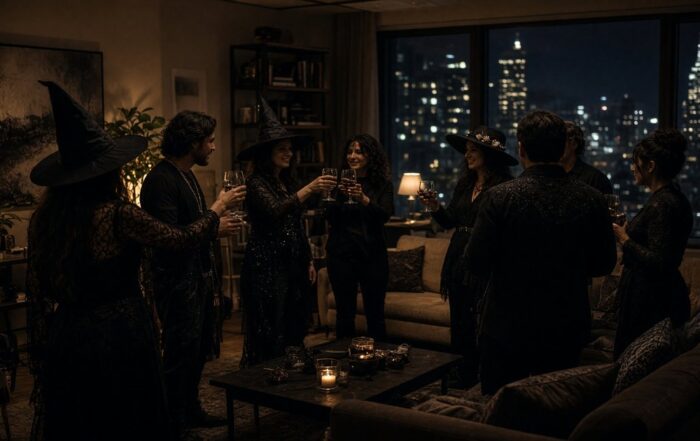 Halloween apartment costume toast | Hot Party Stripper Friends in witch costumes toasting in a city apartment