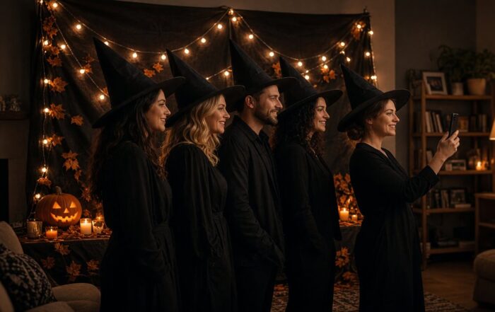 Witch-hat photo line | Hot Party Stripper Friends in witch hats taking a group photo