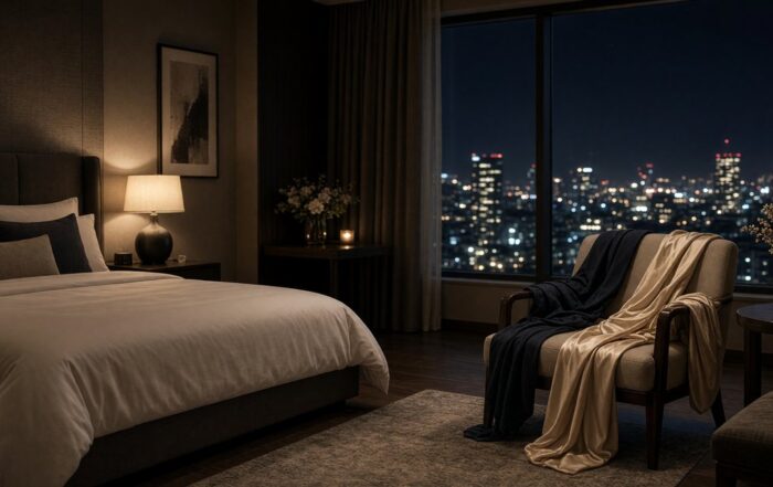 Hotel suite with costumes by a city window