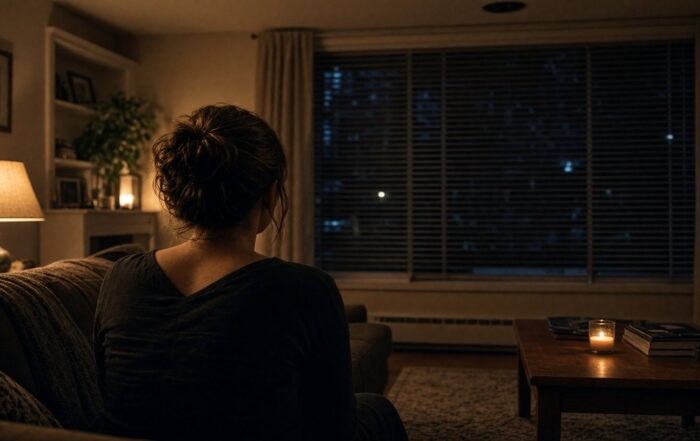 Harrisburg bachelor party house | Hot Party Stripper A woman in a dark dress stands in a Harrisburg living room at night with the blinds down, seen from behind.