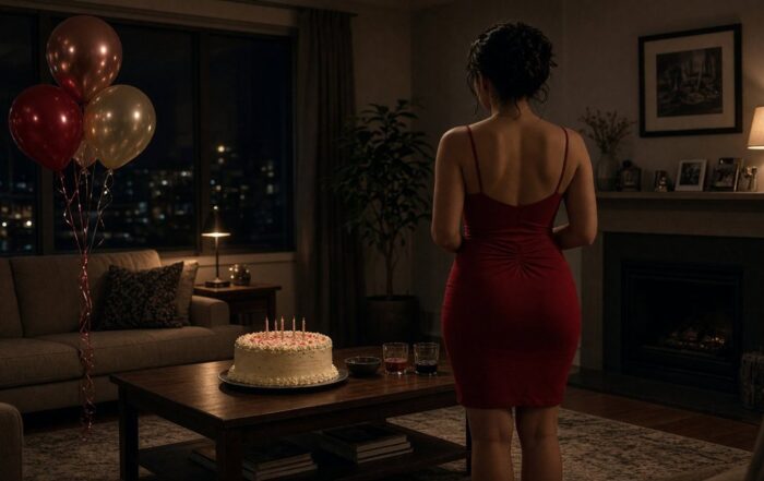 A woman in a red dress stands in a Harrisburg living room with simple balloons, seen from behind.