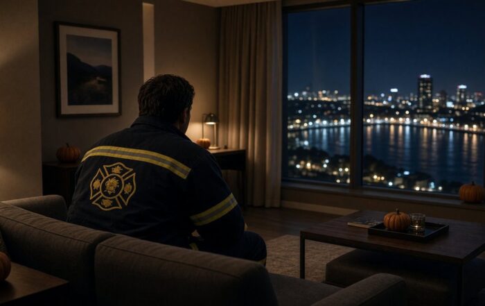 A man in a generic firefighter jacket sits on a hotel sofa facing a river city skyline at night, seen from behind.
