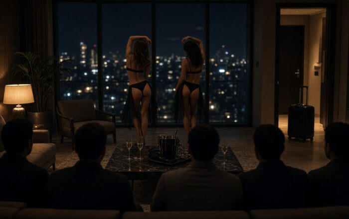 dancers performing in a hotel suite for a bachelor party