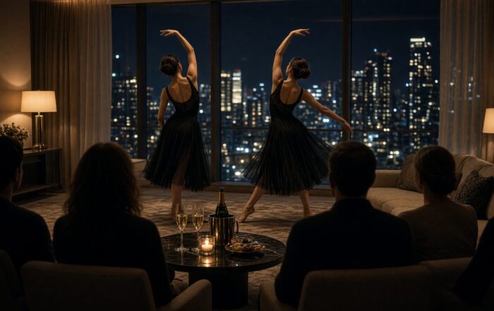 dancers performing in a hotel suite living room