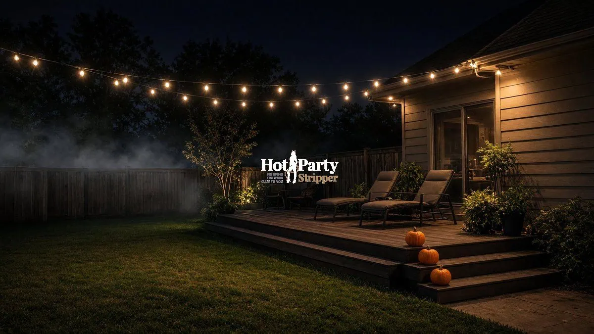 Houston Halloween Party Airbnb Backyard Houston suburban rental backyard at night with string lights, fog along the fence, lounge chairs, and pumpkins on the deck steps