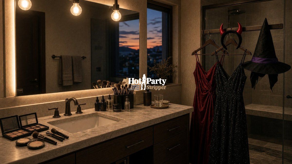 Houston Halloween Bachelorette Getting Ready Hotel bathroom vanity at dusk with makeup, two dresses on hangers, devil-horn headband and a witch hat