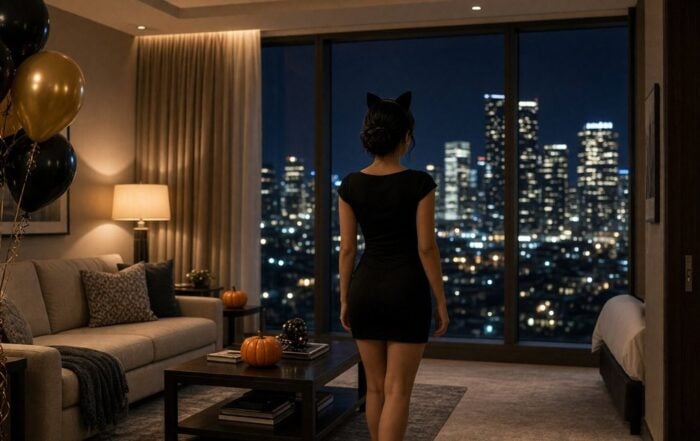 Woman in a black dress and cat-ear headband facing away toward a Houston skyline hotel window with Halloween balloons and pumpkins