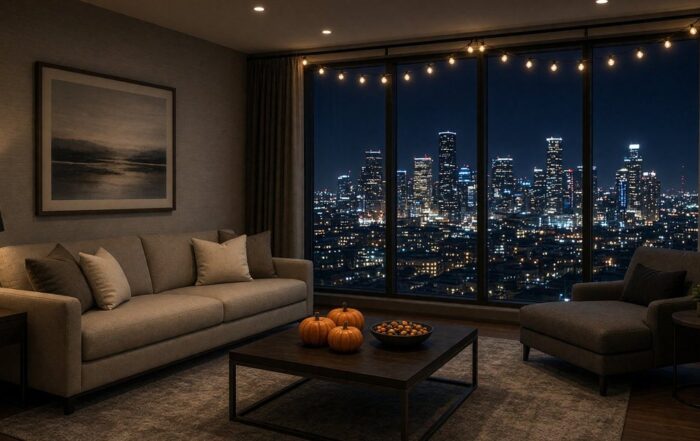 Empty Houston hotel suite at night with string lights, pumpkins on a coffee table, and the downtown skyline through the windows