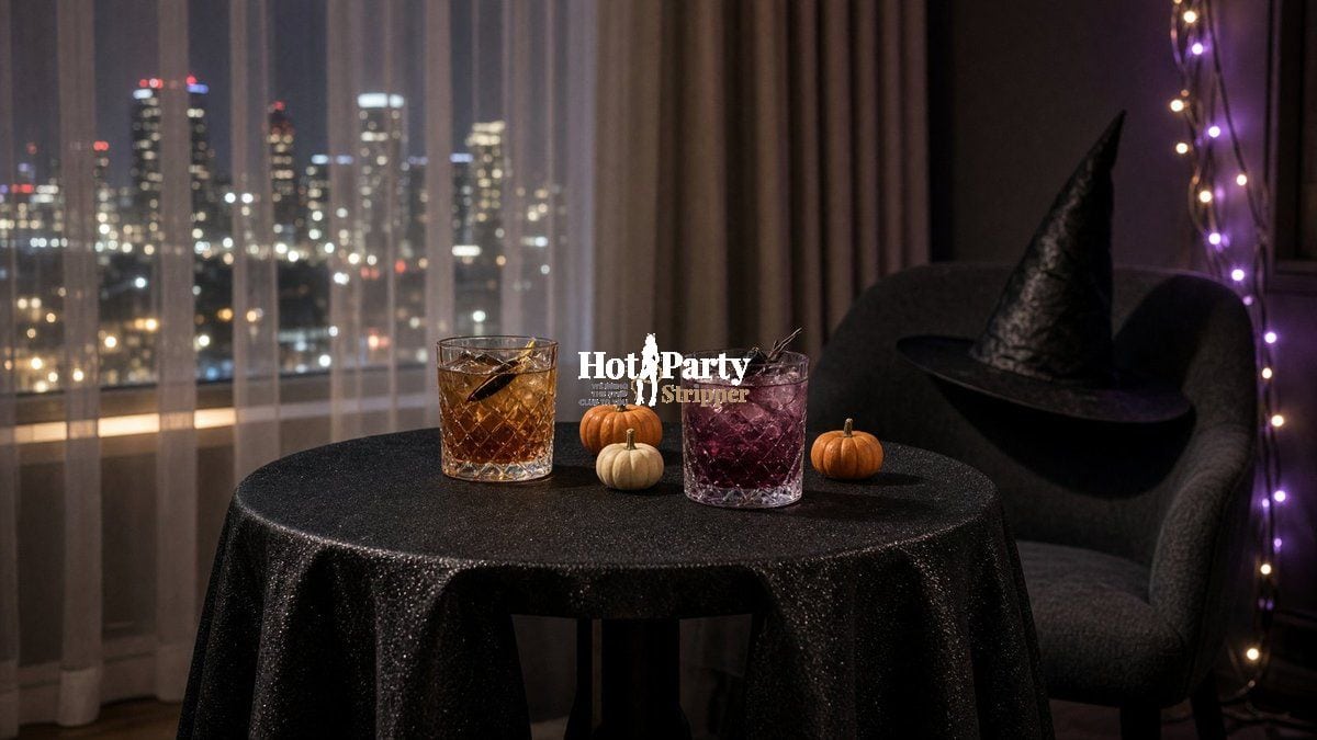 Houston Halloween Party Room Setup Round cocktail table with two drinks, mini pumpkins, and a black witch hat on a chair beside purple string lights