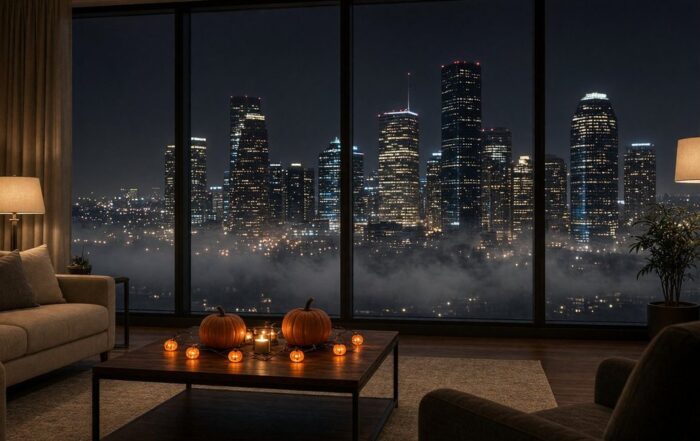 Houston high-rise living room at night with pumpkins and string lights on a coffee table and the downtown skyline through the windows