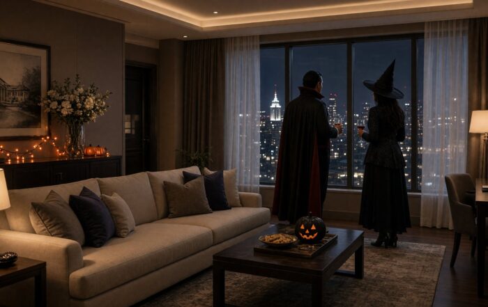 Two guests in generic costumes talking in a hotel suite at night