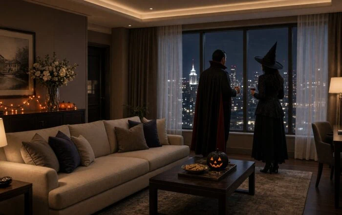 I-Drive suite living room set for a private Halloween hour | Hot Party Stripper Two guests in generic costumes talking in a hotel suite at night