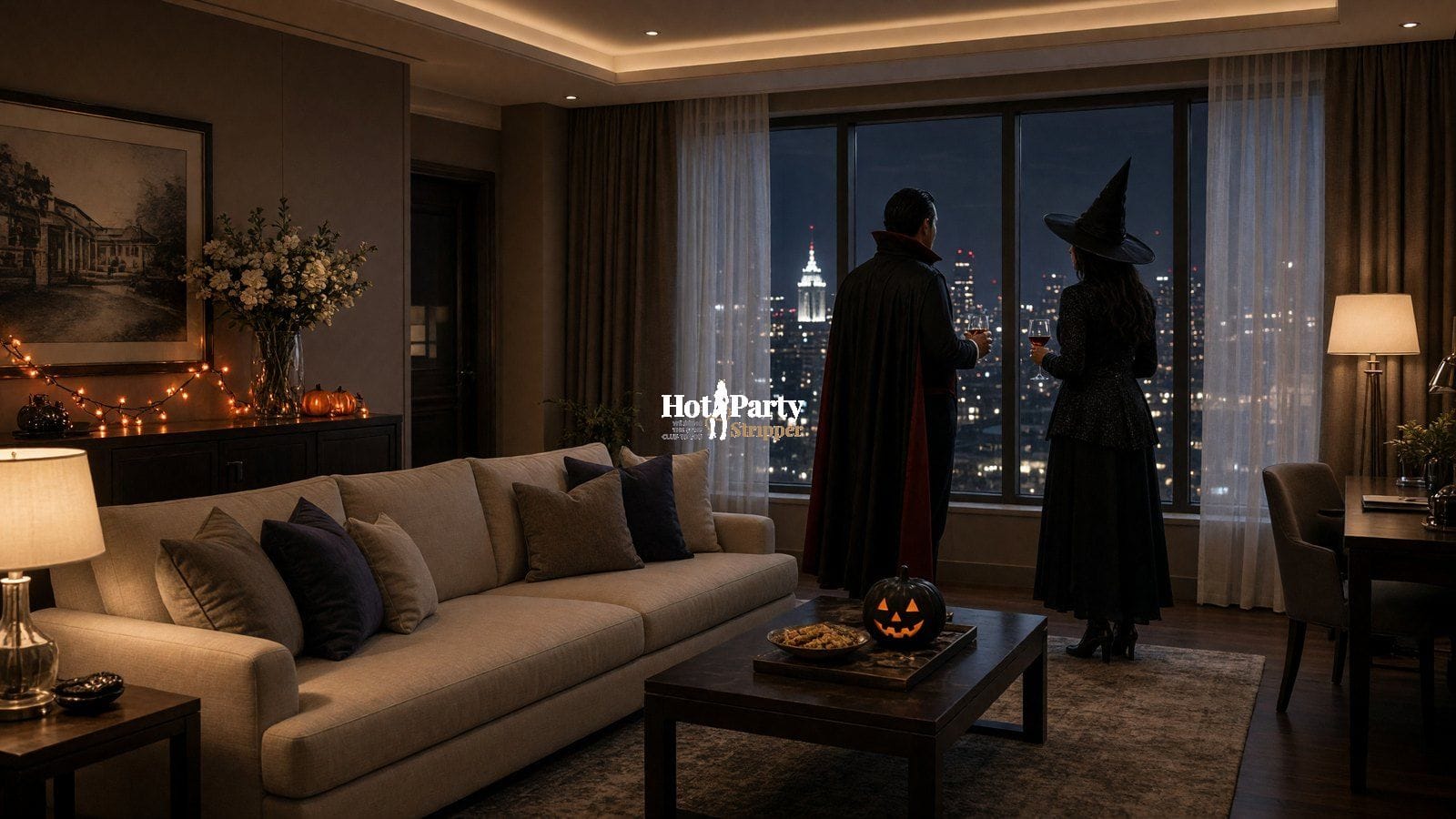 Two guests in generic costumes talking in a hotel suite at night